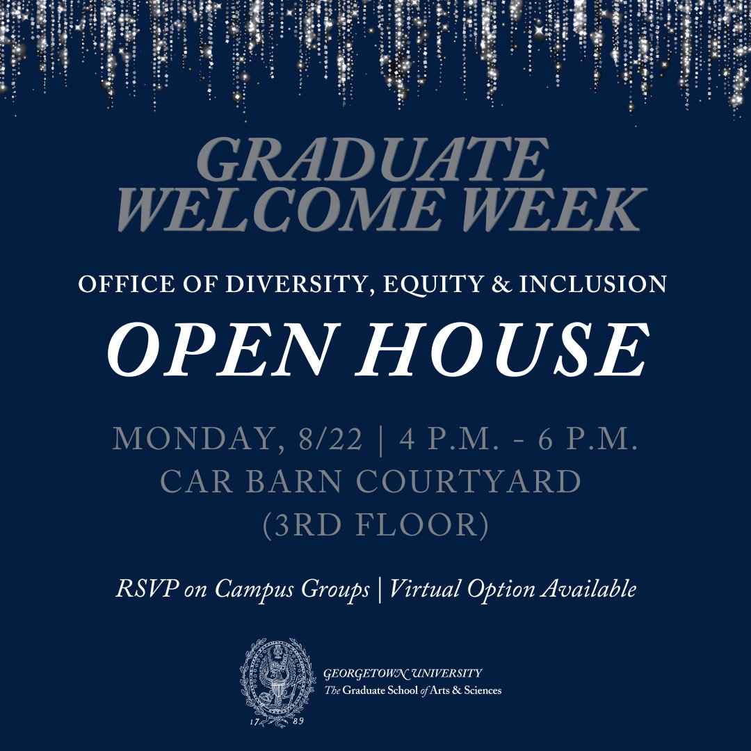 The 1-week countdown to Graduate Student Welcome Week starts today, #GradHoyas! 🎉Our first event in this series is the DEI Open House on 8/22, 4-6pm on the 3rd floor Car Barn Courtyard. RSVP at cglink.me/2e6/r1655436.