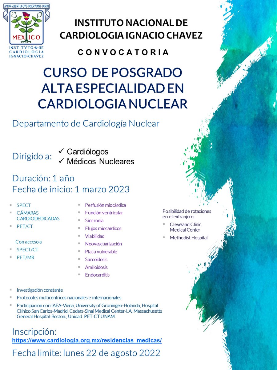 estelais's tweet photo. Estamos a 1 semana para que cierre la convocatoria del Curso de Posgrado de Alta Especialidad en Medicina de Cardiologia Nuclear en el INC. @Cardio_ciencias @Cardiologia_Mx #CvNuc #CardioNuclear #NuclearCardiology #cardiotwitter
Informes en --> https://t.co/kgROkEdyfk https://t.co/CTy3jUbu2R
