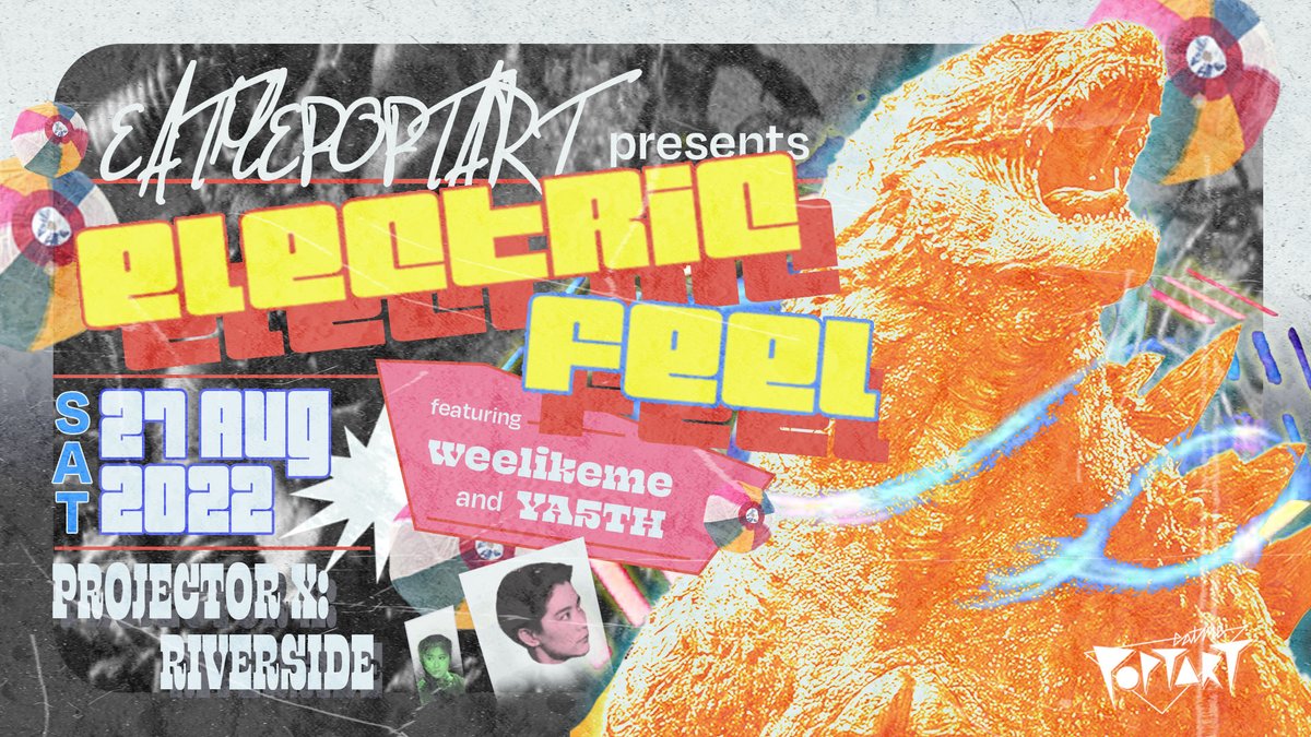 Electric Feel is back at Projector X: Riverside - 27.08.22. 
Advance tix are sold out but there will be some available during the event!

Art by: Laurent Yee

eatmepoptart.com/events/empt-27…