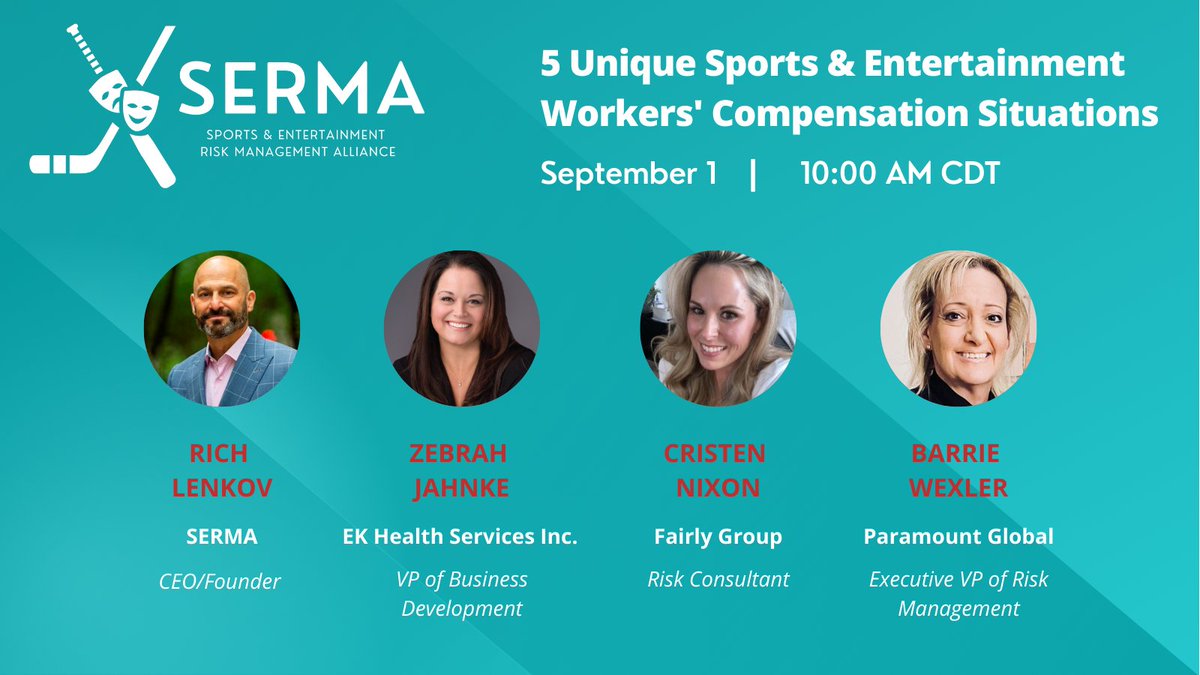 TheSerma's tweet image. CEO @rlenkov will moderate EK Health Services Inc.'s Zebrah Jahnke, Fairly Group's Cristen Nixon &amp;amp; Paramount Global's Barrie Wexler as they provide valuable insight into WC claims in the sports &amp;amp; entertainment industries on 9/1. Register here: theserma.org/event-4928967

#SERMA
