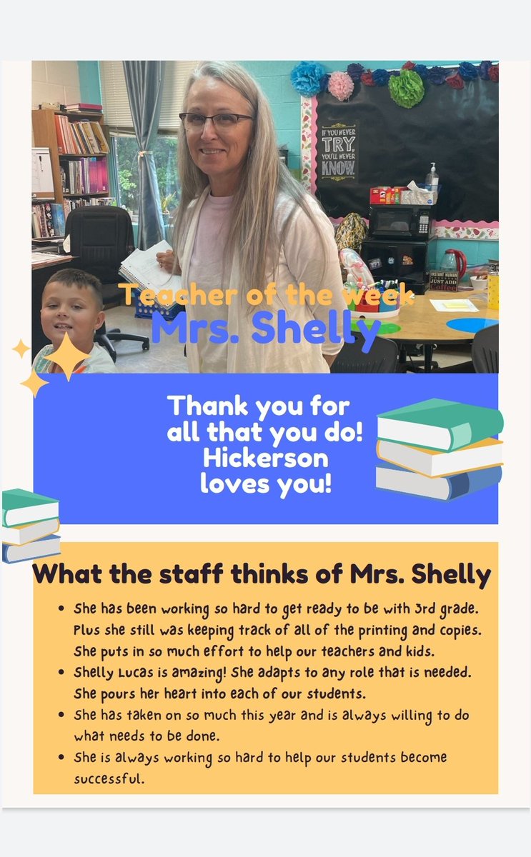 Congratulations to our Teacher of the Week, Mrs. Shelly! #hickersonhawks