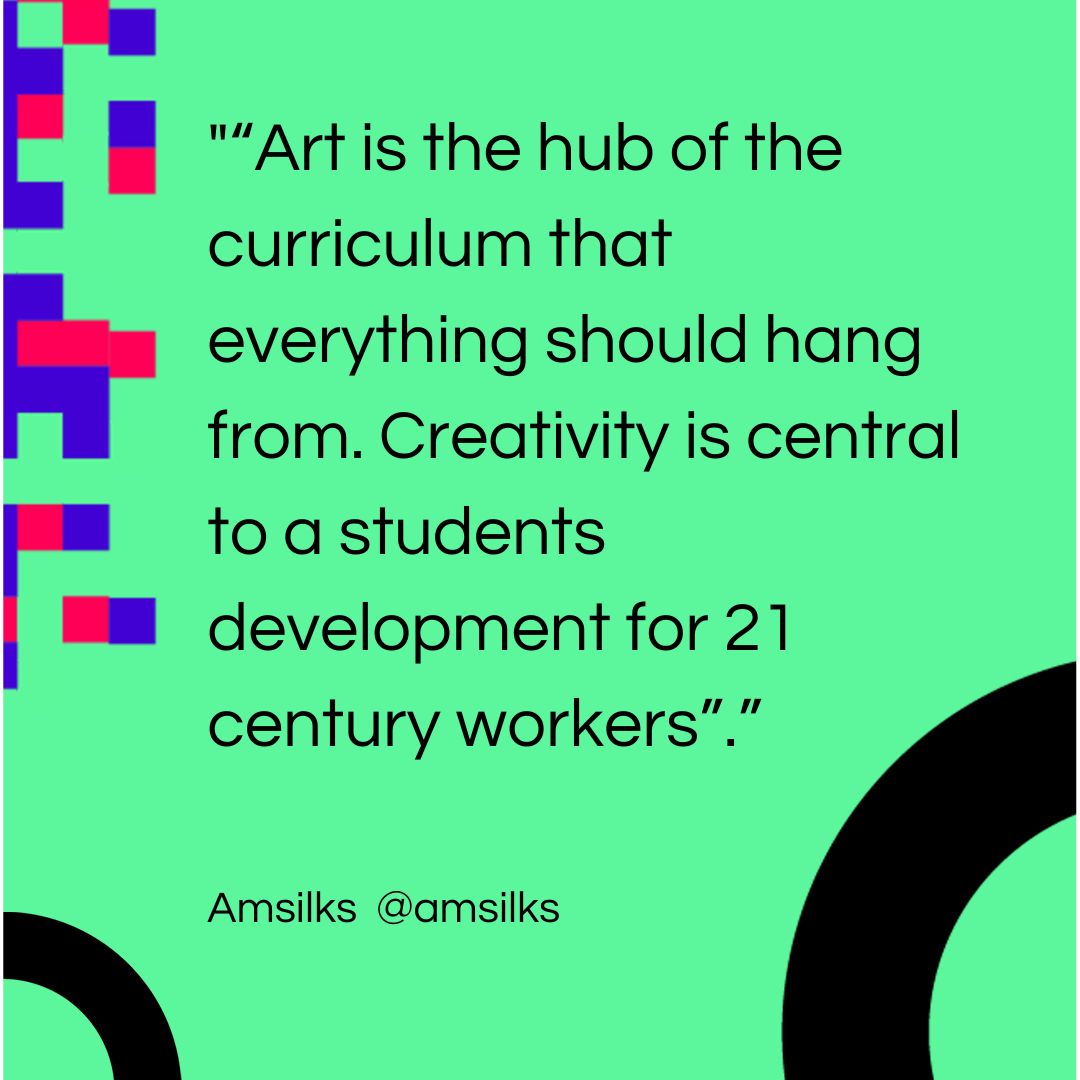 ArtBytes_'s tweet photo. “Art is the hub of the curriculum that everything should hang from. Creativity is central to a students development for 21 century workers”

We totally agree with @amsilks!
#artanddesignmatters #creativity https://t.co/OmWQ347u8a