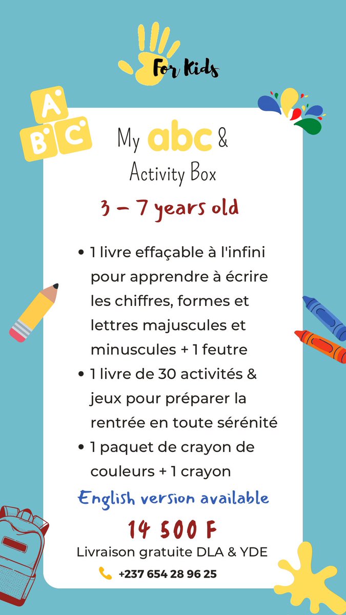 forkids237's tweet photo. ABC Box pour être au top pour la rentrée ✏️

Avec un livre effaçable à l'infini pour perfectionner son écriture des chiffres, lettres, effacer &amp; recommencer à l'infini 🤩
Un grand livre de 30 activités &amp; jeux pour réviser ses bases tout en s'amusant 💃🏽
Des couleurs etc.
 
#AbcBox https://t.co/YCINrsGoIu
