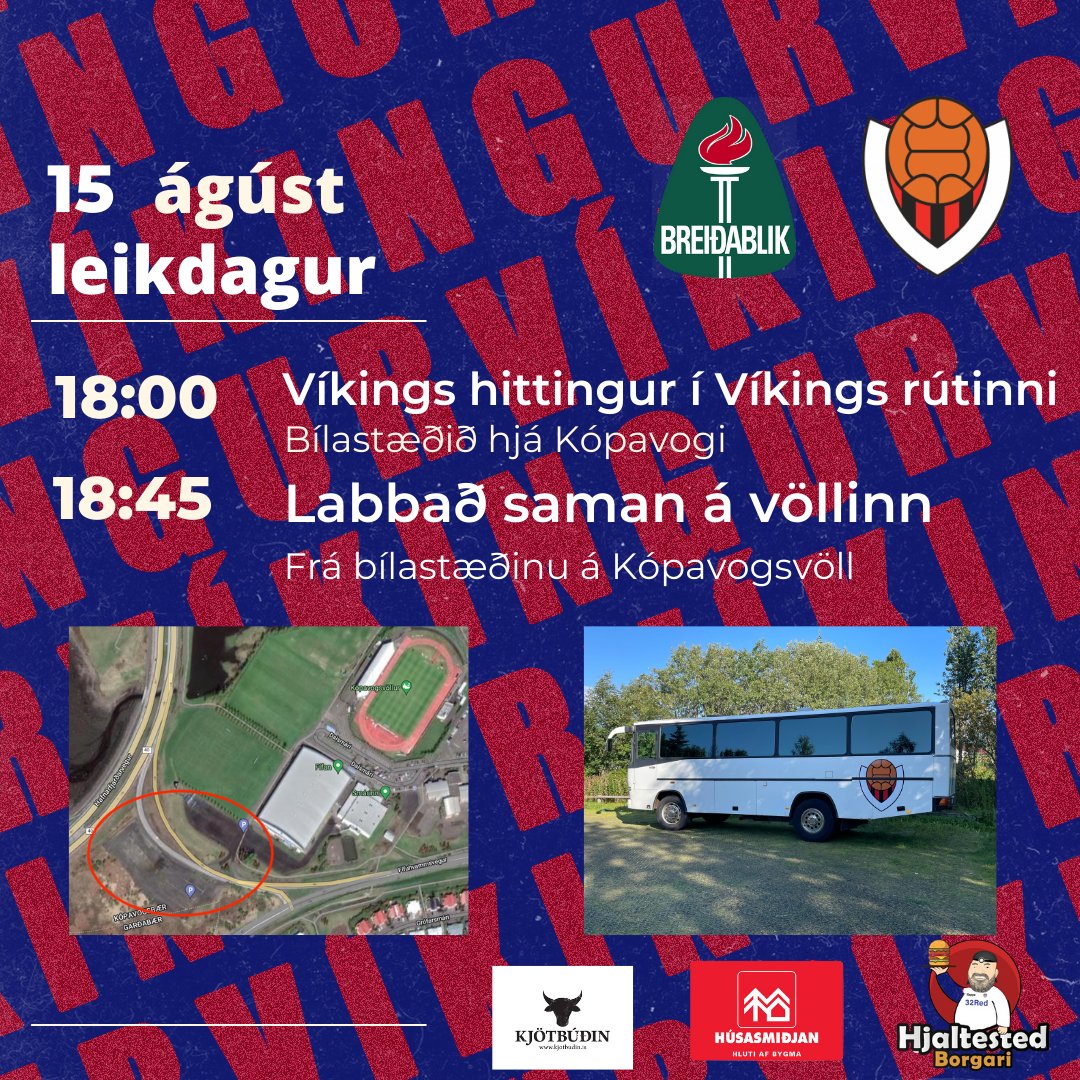 í kvöld fer fram stórleikur Breiðabliks og Víkings í Bestu Deild Karla.

Víkings stuðningsmenn ætla að hittast kl 18:00 á bílastæði í Kópavogi þar sem Víkings rútunni verður lagt og hægt að hita vel upp fyrir leikinn.

#fotboltinet #vikesbreiðablik