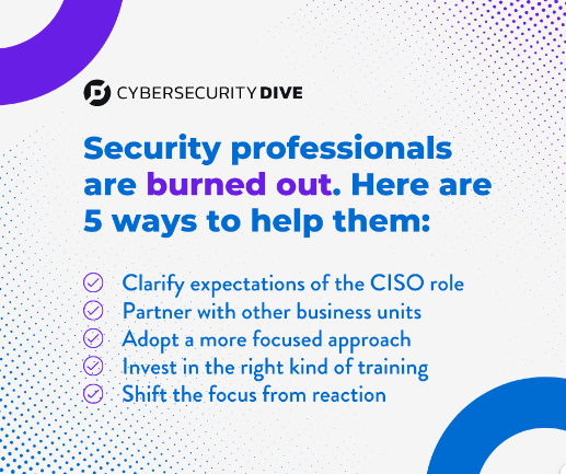 PrivvaInc's tweet photo. There is no single solution to the industry-wide burnout information security professionals are facing.

Here are 5 recommendations for industry leaders seeking a better work-life balance and to reduce the impact of burnout:

https://t.co/mxa2O4Rz6d

#vendorriskmanagement https://t.co/YCSqXOCqq3
