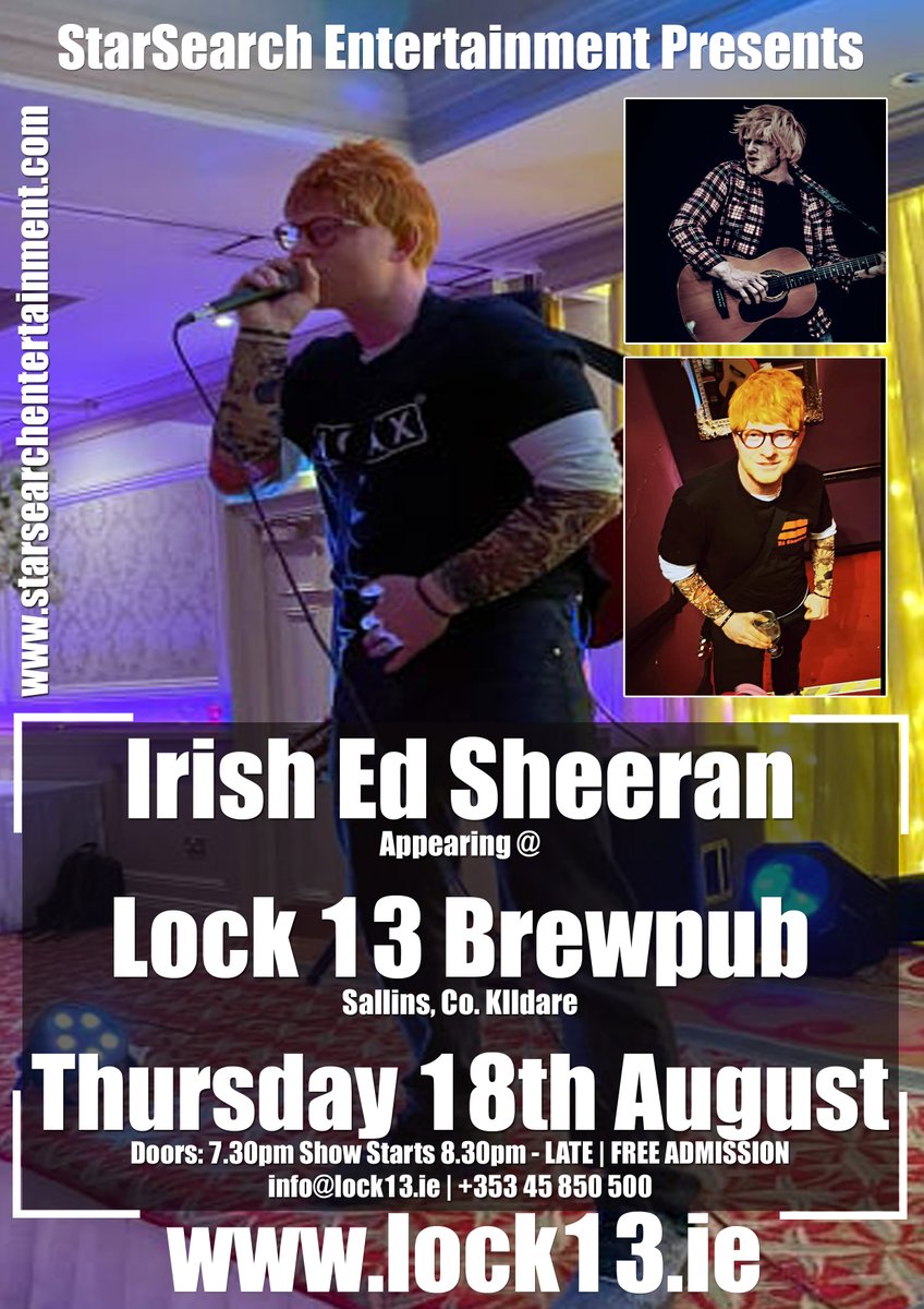 Lock13Sallins's tweet photo. Thursday 18th August, Live Music ๐ถ with The Irish Ed Sheeran, Free Entry & guaranteed to blow your socks off...
#EdSheeran #Lock13 #Sallins #Naas #Kildare #LiveMusic
@NaasBall see you there??? https://t.co/mQzxDwxoPp