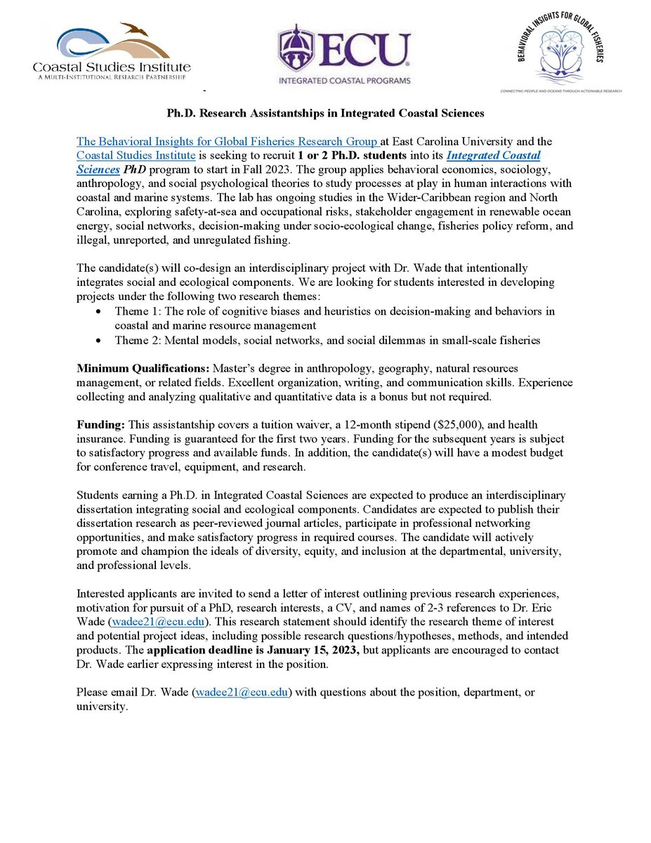 Eric Wade, Ph.D. (@ericwadebz) on Twitter photo I am recruiting, come join my research group
<a href="/CoastalECU/">ECU Integrated Coastal Programs</a>! I am recruiting Ph.D. student(s) for Fall 2023. Our group promotes interdisciplinary, actionable, and inclusive research on human dimensions of coastal and marine systems. Feel free to reach out with any questions. I am recruiting, come join my research group
<a href="/CoastalECU/">ECU Integrated Coastal Programs</a>! I am recruiting Ph.D. student(s) for Fall 2023. Our group promotes interdisciplinary, actionable, and inclusive research on human dimensions of coastal and marine systems. Feel free to reach out with any questions.