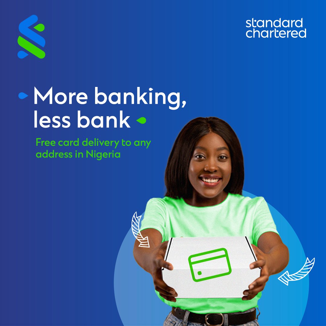 StanChartNG's tweet photo. Banking shouldn't stop you from doing other important things.
Bank from anywhere using our mobile app and enjoy free card delivery to anywhere in Nigeria.
To open an instant account, download the SC mobile app from your respective App Store.
#SCMobileApp #StanChartNG https://t.co/QHVnvJ73s8