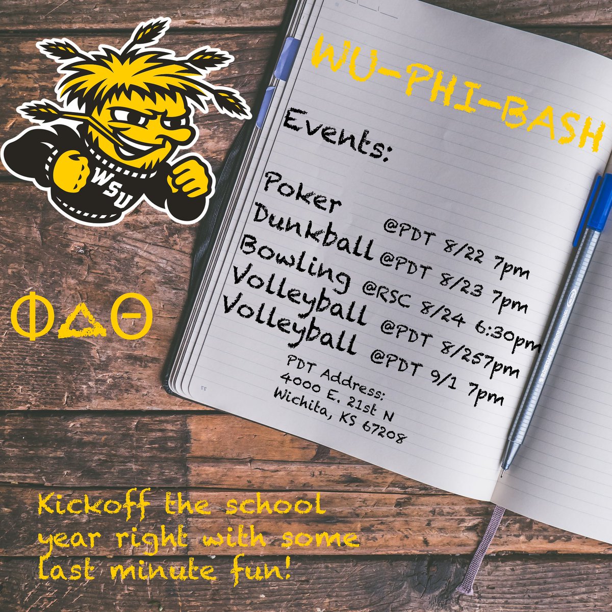 wsuphidelt's tweet photo. And we’re back!! Come hangout with us for the many WU-PHI-BASH events we have coming up for the first week of classes! https://t.co/TjyMYswAik