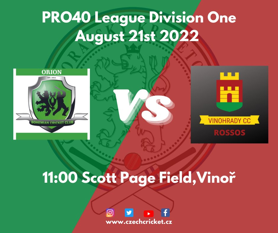 CzechCricket's tweet photo. PRO40 Division One Fixture
Bohemian CC Orion vs Vinohrady CC Rossos
11:00 AM, Scott Page Field, Vinor Cricket Ground
#DIV1 #PRO40 #czechcricket #CzechRepublic https://t.co/UdqLA1RQ78