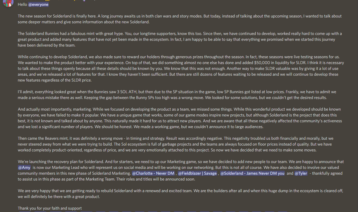 We are very happy that we are getting ready to rebuild Solderland with a renewed and excited team ❤️

Welcome to the Solderland Team @AmyPond_Sol <a href="/FieldBlazer/">Fieldblazer</a> <a href="/sol_zoec/">Charlotte {313}《TYP-R》🟠</a> <a href="/Jamesmurf2003/">James Hill</a> @NFTsforFuns