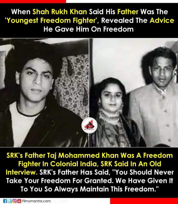 filmymantra's tweet photo. Shahrukh Khan’s father was youngest freedom fighter.

#ShahRukhKhan #SRK #SRKians #tajmohammad https://t.co/xoxJZlQqgG