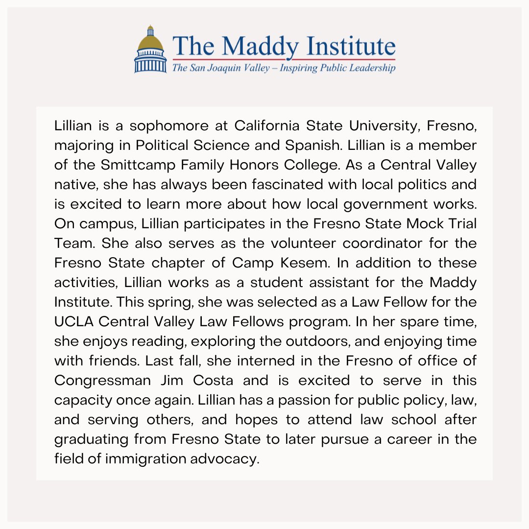 MaddyInstitute's tweet photo. Meet Lillian Hammerstrom, one of our Maddy Interns working in the Fresno Office of U.S. Congressman Jim Costa.
Visit our website to learn more about our Legislative Intern Program and how to apply!
#maddyintern #internspotlight #centralvalley #fresnostate https://t.co/gpYnQmcOH0