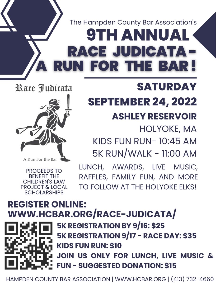 Registration for the 9th Annual Race Judicata - A Run for the Bar is NOW LIVE! This is sure to be an exciting year! 
Join us on Saturday, September 24, 2022, at the Ashley Reservoir!
hcbar.org/race-judicata/
#RaceJudicataARunForTheBar #HolyokeMa #5K #RunWalk #WesternMass