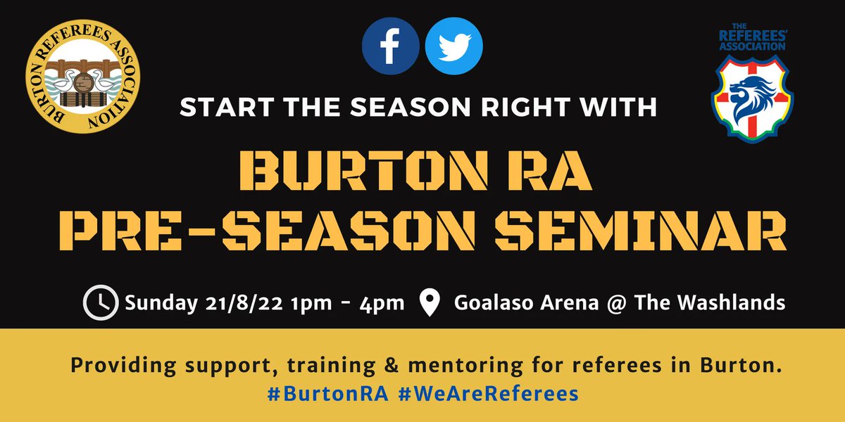 BurtonReferees's tweet photo. Don't forget to secure your place for this weeks Pre Season Seminar!β½οΈ
Book now - https://t.co/tKLaxOKbP8
π
Sunday 21st August
π 1pm - 4pm
πThe Goalaso Arena, Washlands
#BurtonRA #DevelopingReferees
#PreSeasonSeminar22 https://t.co/EaOAEAgUTU