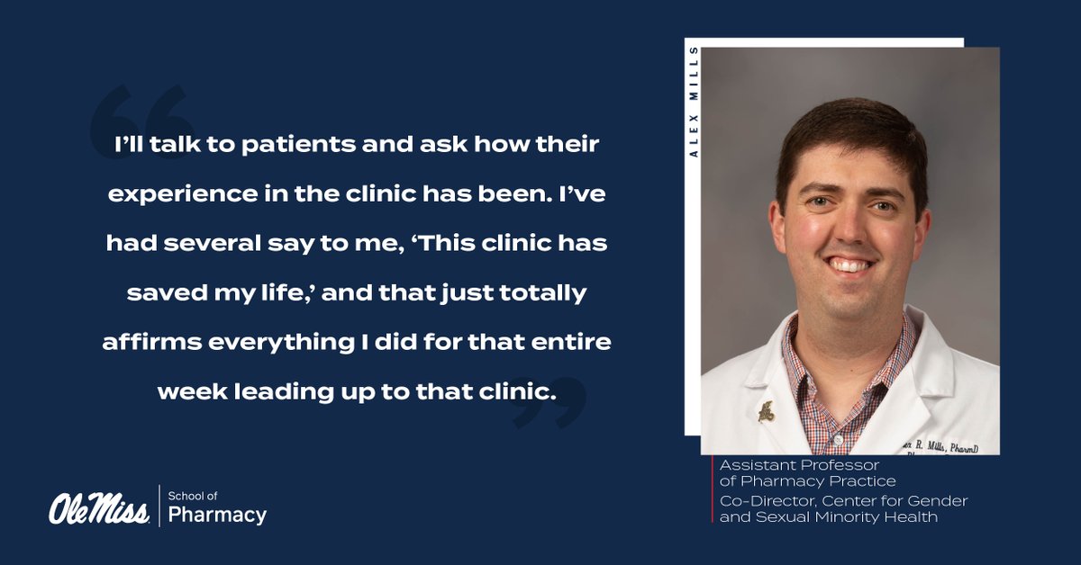 Our own Alex Mills, assistant professor of pharmacy practice, is the co-director of the UMMC Center for Gender and Sexual Minority Health, which provides lifesaving health care services for LGBTQ+ patients. 

Read more about this work and its impact: bit.ly/3Al0cCu
