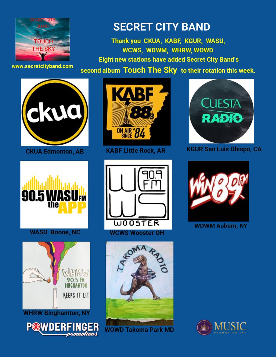 Week TEN gives us EIGHT more radio stations playing songs from our second album "Touch The Sky". Touch The Sky is available on all of the streaming sites. THANK YOU one and all! secretcityband.com