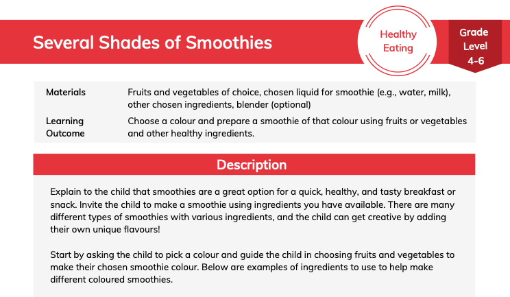PHECanada's tweet photo. Smoothy is always a good idea for hot summer days! It's a great option for a quick, healthy, and tasty breakfast or snack. In this #PHELearningCentre activity, you can invite the child to make a smoothie using the ingredients you have on hand.

MORE | https://t.co/hqFBuoT9Rw https://t.co/NCT7SywDmT