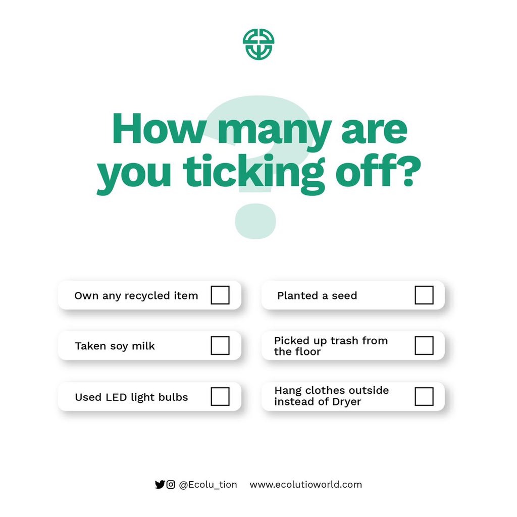 Ecolu_tion's tweet photo. It’s really that simple to live the eco-friendly lifestyle.
Check out what you’d be ticking off or what you plan to tick off.
#ecofriendlylifestyle https://t.co/udvpSakGOx