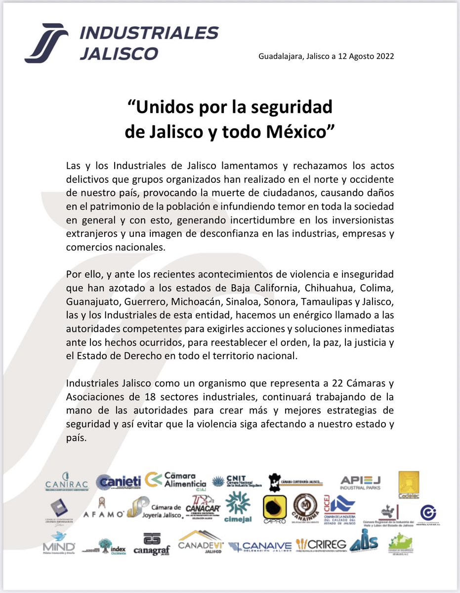 Desde el <a href="/CCIJalisco/">Industriales Jalisco</a> condenamos los hechos violentos que se han presentado durante las últimas semanas en nuestro país y nos solidarizamos con las víctimas, así como con todos los ciudadanos de bien que han sufrido las consecuencias, haciendo un atento llamado a las autoridades.