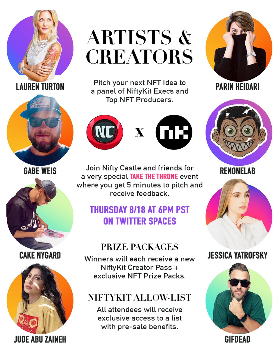 NiftyCastle's tweet photo. THE ROUND TABLE
AWAITS YOU...👑🥳

Announcing the panel of producers rolling out the red carpet for your pitch:

🔥@NiftyKitApp
🔥@ParinHeidari
🔥@GabrielJWeis
🔥@LaurenTurton_
🔥@CakeNygard
🔥@judeaz_
🔥@renonelab
🔥@jyatrofsky
🔥@gifdead

🔗🍻 RSVP LINK:
https://t.co/2510ShUZeD https://t.co/UjPtO29I37