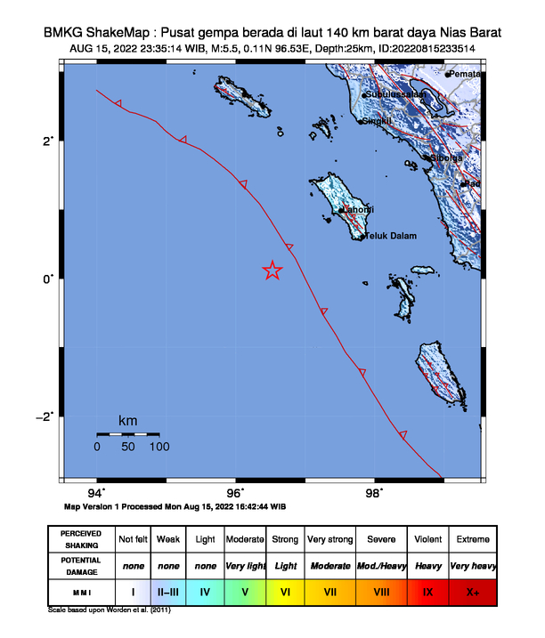 infoBMKG's tweet photo. #Gempa Mag:5.5, 15-Agu-22 23:35:14 WIB, Lok:0.11 LU, 96.53 BT (Pusat gempa berada di laut 140 km barat daya Nias Barat), Kedlmn:25 Km Dirasakan (MMI) III Gido, III Teluk Dalam, III Lahomi, III Nias Barat, II Gunung Sitoli #BMKG https://t.co/gWpZkGdTLU