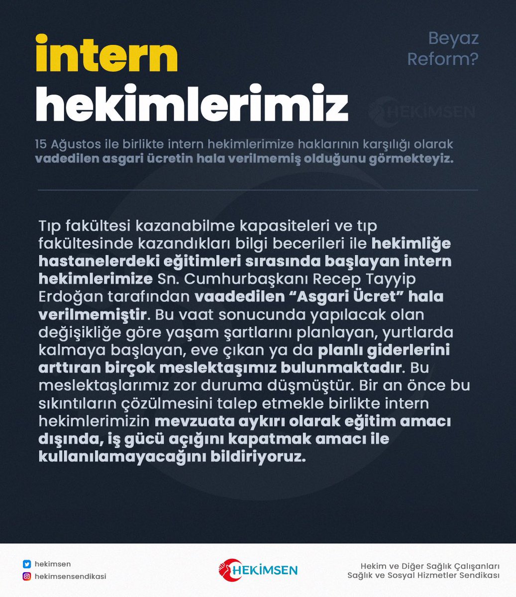 Intern hekimlik aktif hekimlik hayatının başlangıcıdır. Hak mücadelesi intern hekimlikle başlar. 

#HekimsenDeğerlendiriyor
