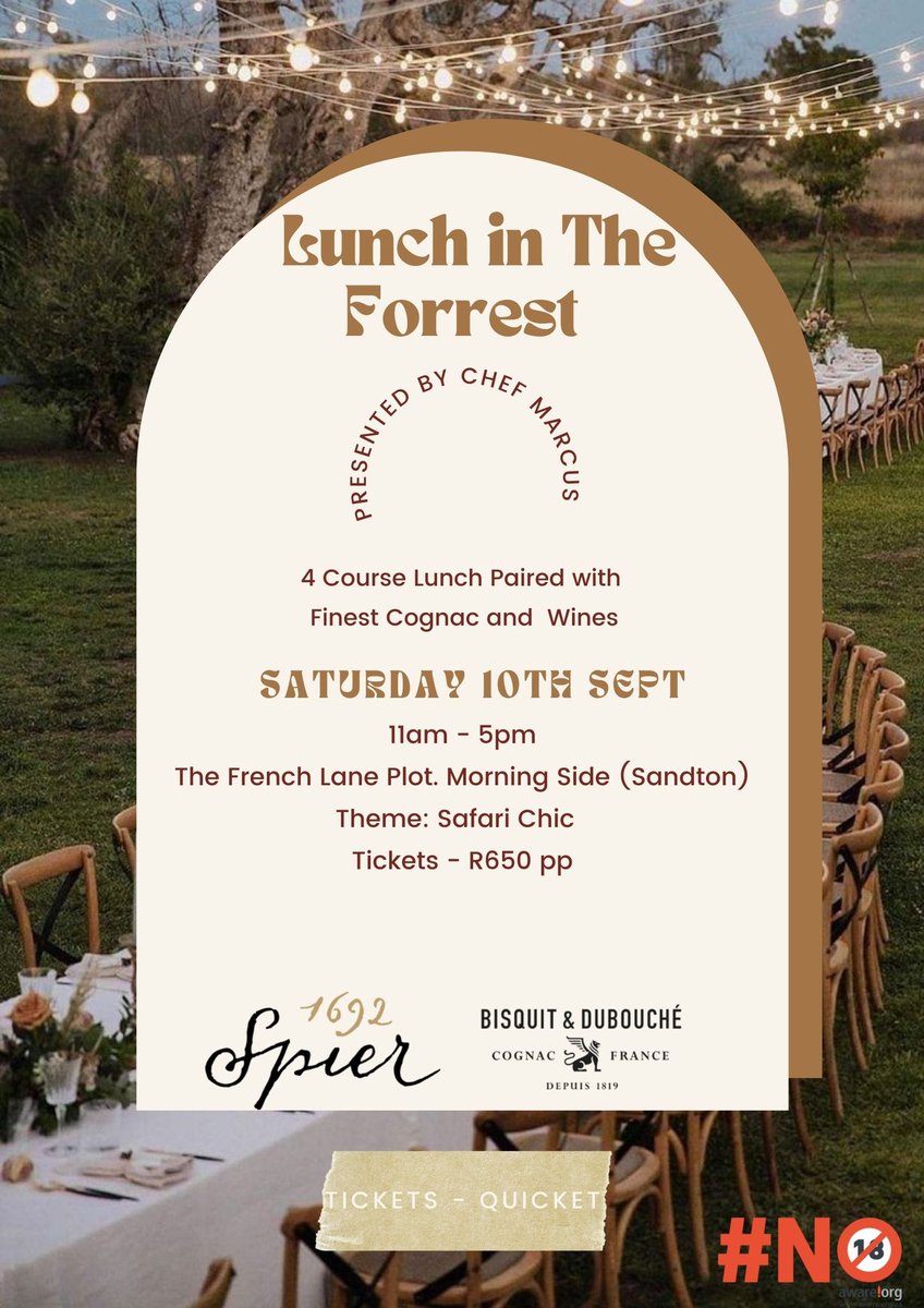 ChefMarcusZA's tweet photo. Join me as we present our first Lunch in The Forrest event in collaboration with @SpierWineFarm and @BisquitAfrica . Get your tickets using the link in my BIO 
#LunchInTheForrest 
#BDCognac

Tickets: https://t.co/zePMDqQtnk https://t.co/1s8dvgg8Fj