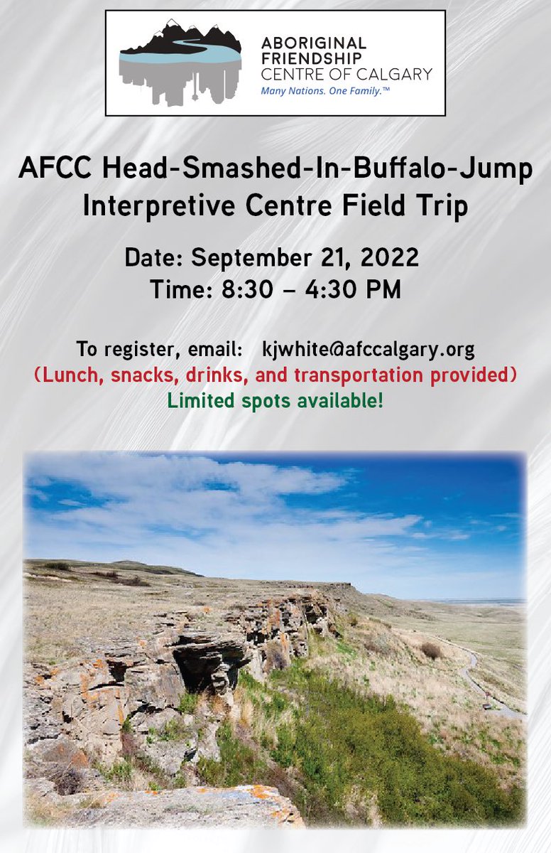 AFCC_yyc's tweet photo. AFCC Head-Smashed-In-Buffalo-Jump Interpretive Centre Field Trip
Date: September 21, 2021
Time: 8:30-4:30
To registered email: kjwhite@afccalgary.org
(Lunch, snacks, drinks, and transportation provided)
Limited spots available.
#afcc #afccalgary https://t.co/C3wjArquzf