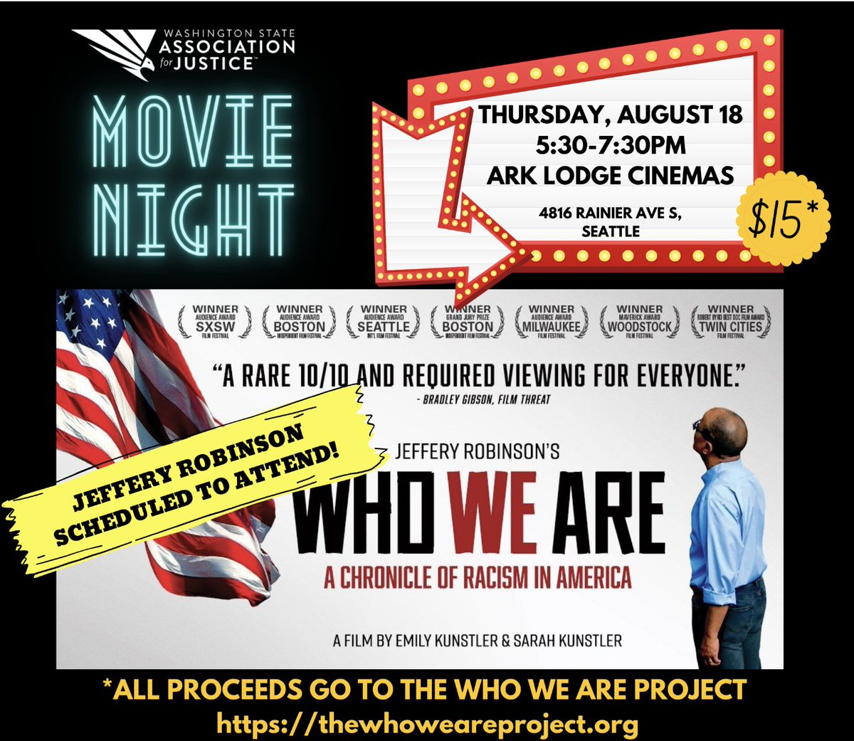 wajustice's tweet photo. Will you be joining us to watch the incredible new documentary by @jeff_robinson56 of @SGB_LAW and founder of the @Who_We_Are_19? Limited tickets. Get tickets now: https://t.co/HzS213bxys
#WSAJ #WhoWeAreProject #SGBLaw https://t.co/Tpq62vLM6l