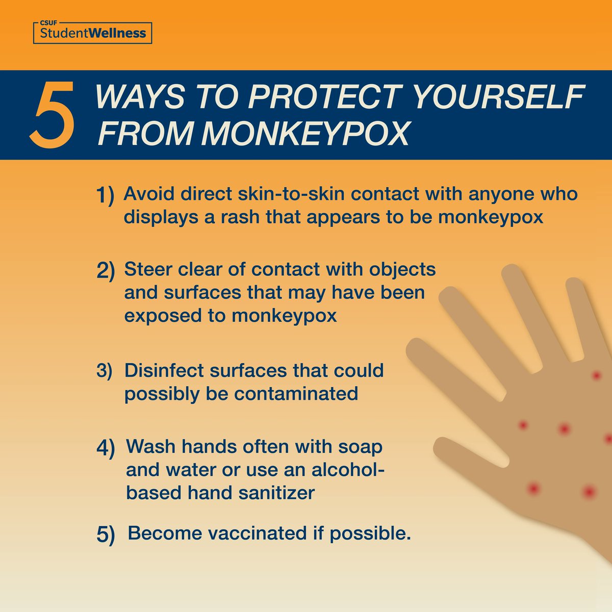 ASICSUF's tweet photo. Here are some tips to protect yourself from Monkeypox. Visit @csufhealth @cdcgov for more up-to-date information on Monkeypox! #studentwellness #csuf #csuftitans #csufstudents #monkeypox https://t.co/ujXqVcoWNl