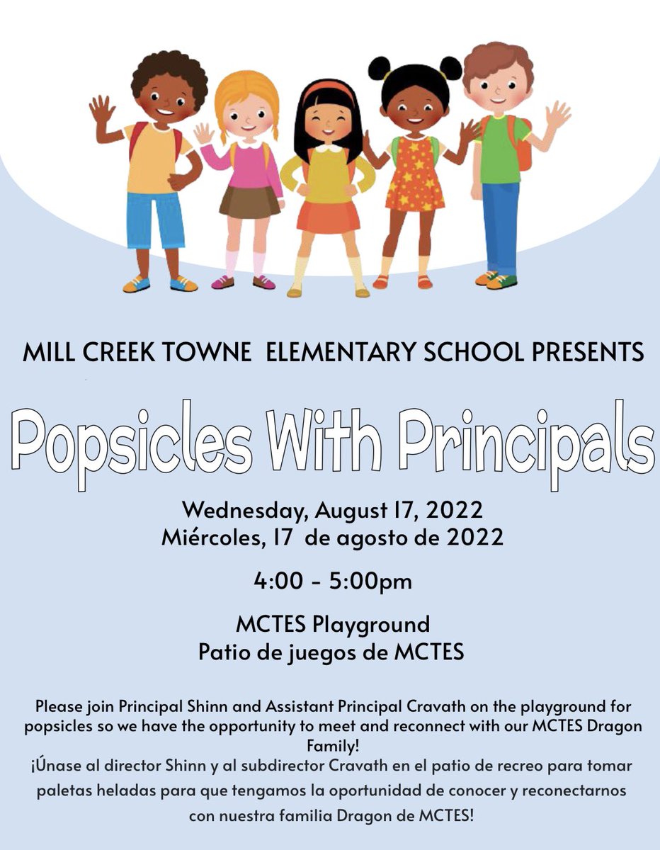MCTES_AP's tweet photo. MCTES Dragon Community - Come join @MCTES_Principal and I on the playground this Wednesday for Popsicles and Principals! We can’t wait to see you there! #MCPS #BackToSchool #PopsiclesWithPrincipals https://t.co/hH6LHLeBXE