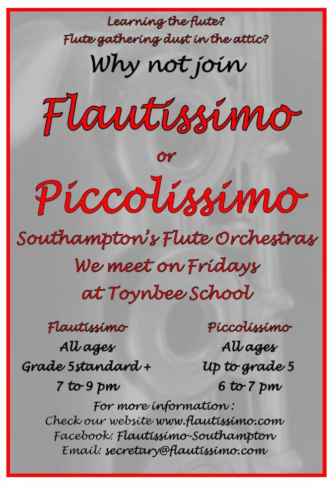 If you're interested in joining Flautissimo, we are a really friendly group and always welcome new members. It's a great way to develop your flute playing and meet new people. Please see below for details.