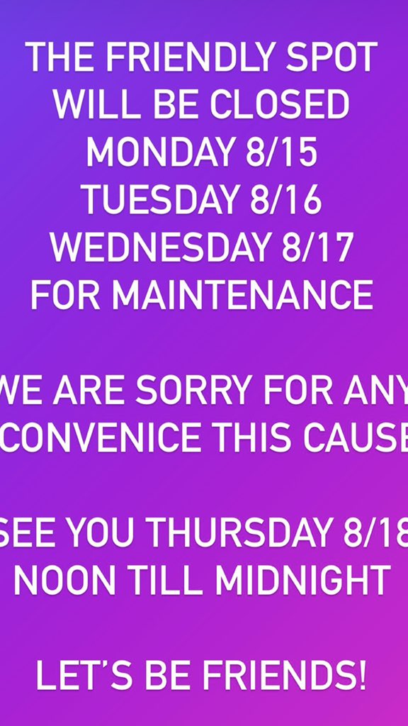 thefriendlyspot's tweet photo. Friends, We’ll be closed for a few days. Thank you for your patience and understanding. See you Thursday 8/18 noon till midnight. Let’s be friends #veryfriendly #cocktsilsontap #craftbeer #friendlyeats #local #independent #southtownsatx https://t.co/AzWsuhG8na
