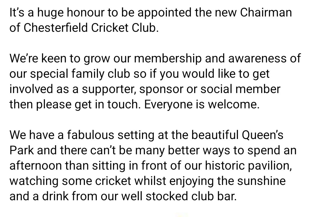 Chesterfield_CC's tweet photo. 🗞Club Announcement🗞

Chesterfield Cricket Club are delighted to announce Nigel Mallender as our new Chairman with immediate effect!

We are extremely happy to have Nigel on board and working towards a positive, sustainable and successful future for CCC.🏏

Welcome aboard Nige! https://t.co/PyTBISiy3U