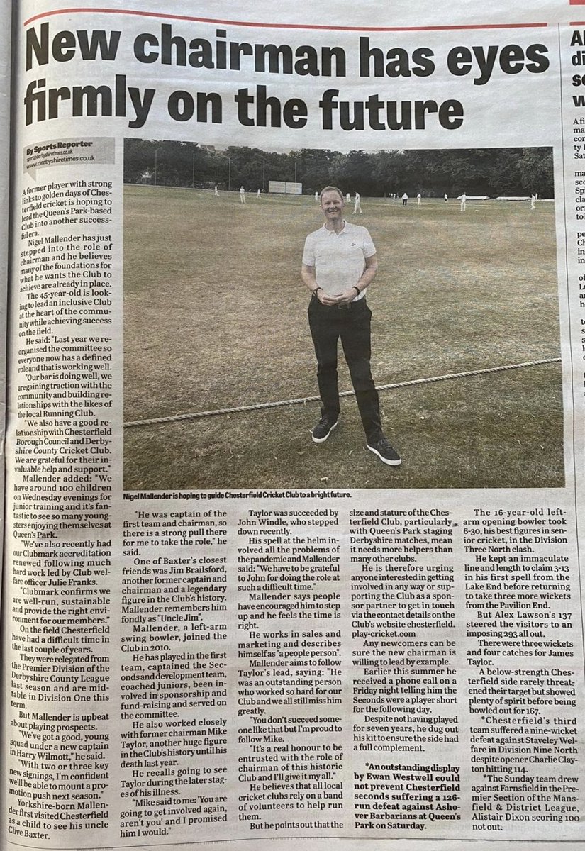 Chesterfield_CC's tweet photo. 🗞Club Announcement🗞

Chesterfield Cricket Club are delighted to announce Nigel Mallender as our new Chairman with immediate effect!

We are extremely happy to have Nigel on board and working towards a positive, sustainable and successful future for CCC.🏏

Welcome aboard Nige! https://t.co/PyTBISiy3U