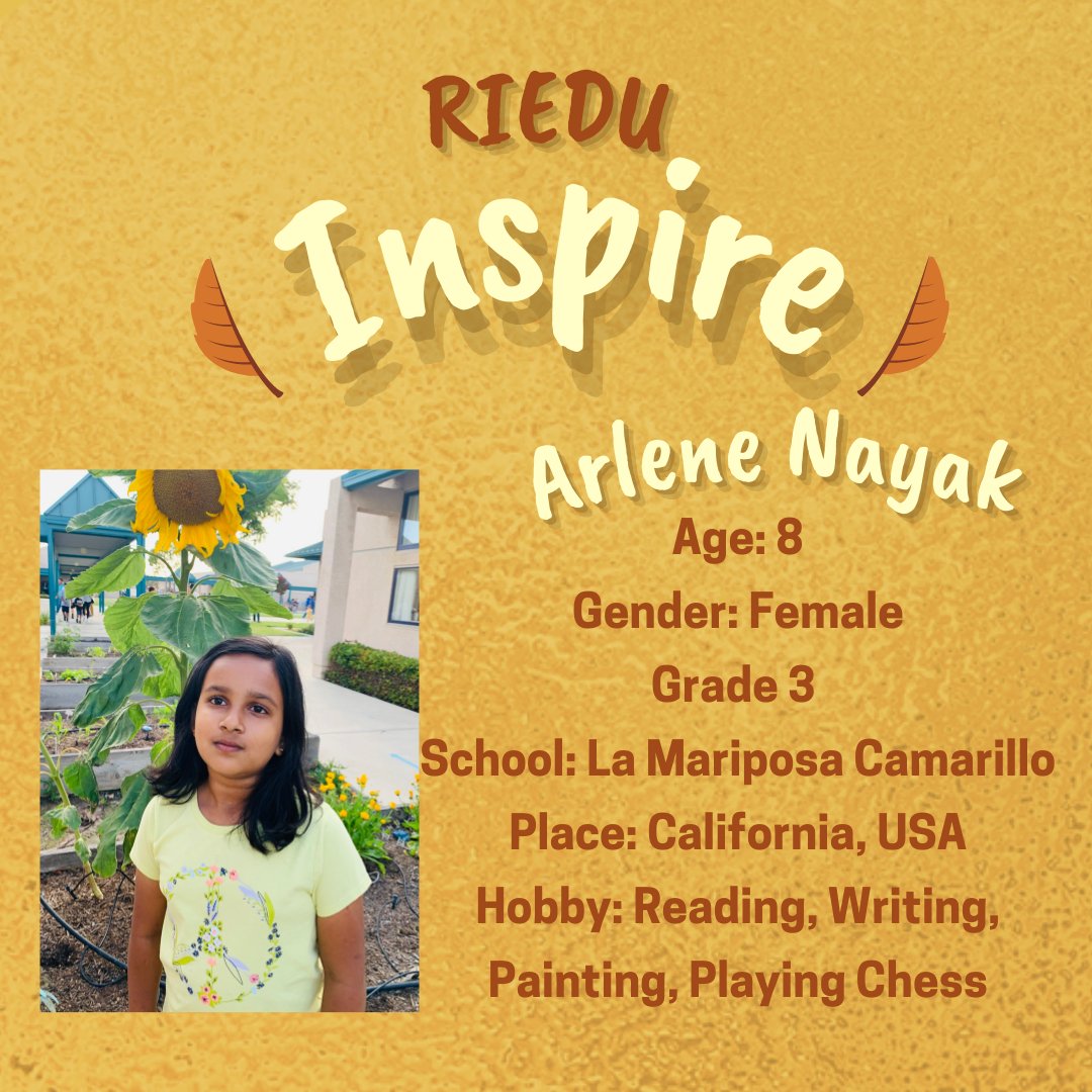 RIEDU_'s tweet photo. RIEDU INSPIRE
This month's Inspire Series by RIEDU publishes poetry by Arlene Nayak of 8 years from California, USA
#RIEDU #inspire #series #empowering #children #future #thinkers #empaths #kindhearts #savethebees #poetry https://t.co/uB04Fr3tcQ