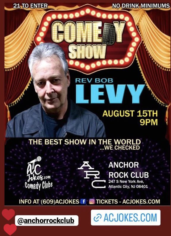 Tonight Monday 9 pm anchor rock club Atlantic City nj w/ your headliner The Reverend Bob Levy <a href="/levy_sir/">Sir Robert Levy 🎤</a>  &amp; Petey Rancel Mike Merk ACJokes.com Comedy Clubs Matt Bridgestone #comedy #newjersey #atlanticcity
