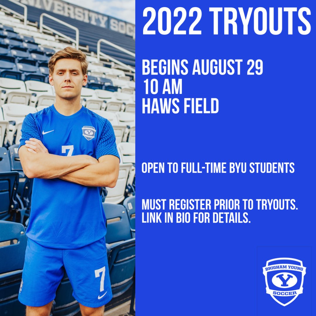 2022 Tryouts

August 29
10 AM
Haws Field 

extramuralsports.byu.edu/mens-soccer-tr…