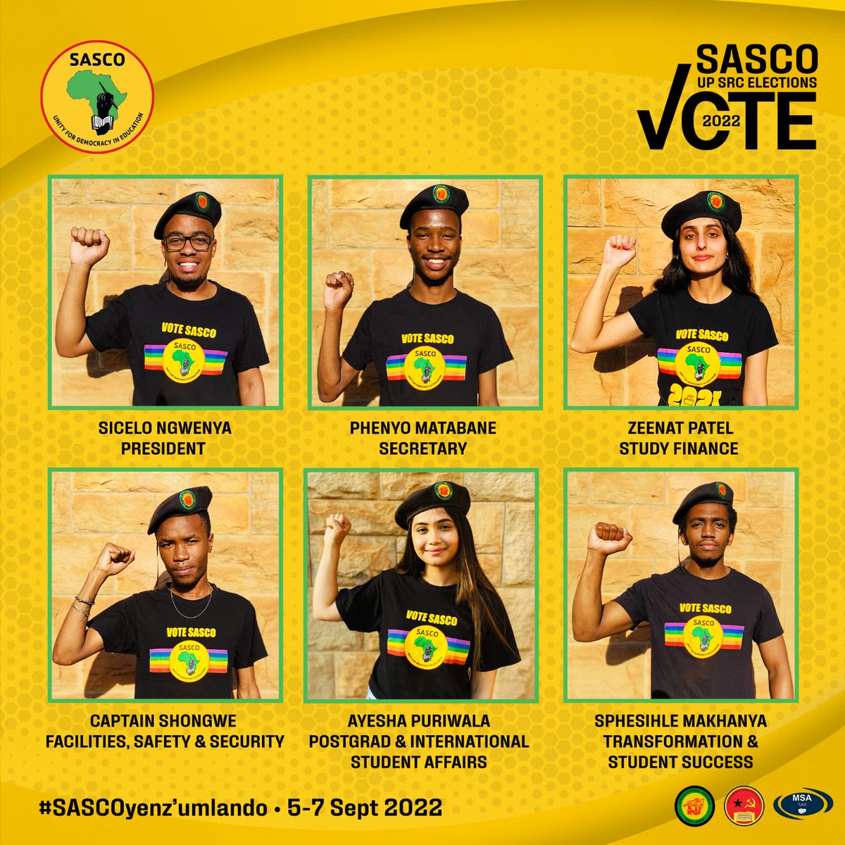 UpSasco's tweet photo. Revolutionary greetings. Meet the final SRC candidates campaigning under the banner of SASCO for the 2022 UP SRC elections!
#StudentCenteredGovernance
#SASCOyenzumlando ❤️💛💚✊🏾 https://t.co/xsnd41J3eB