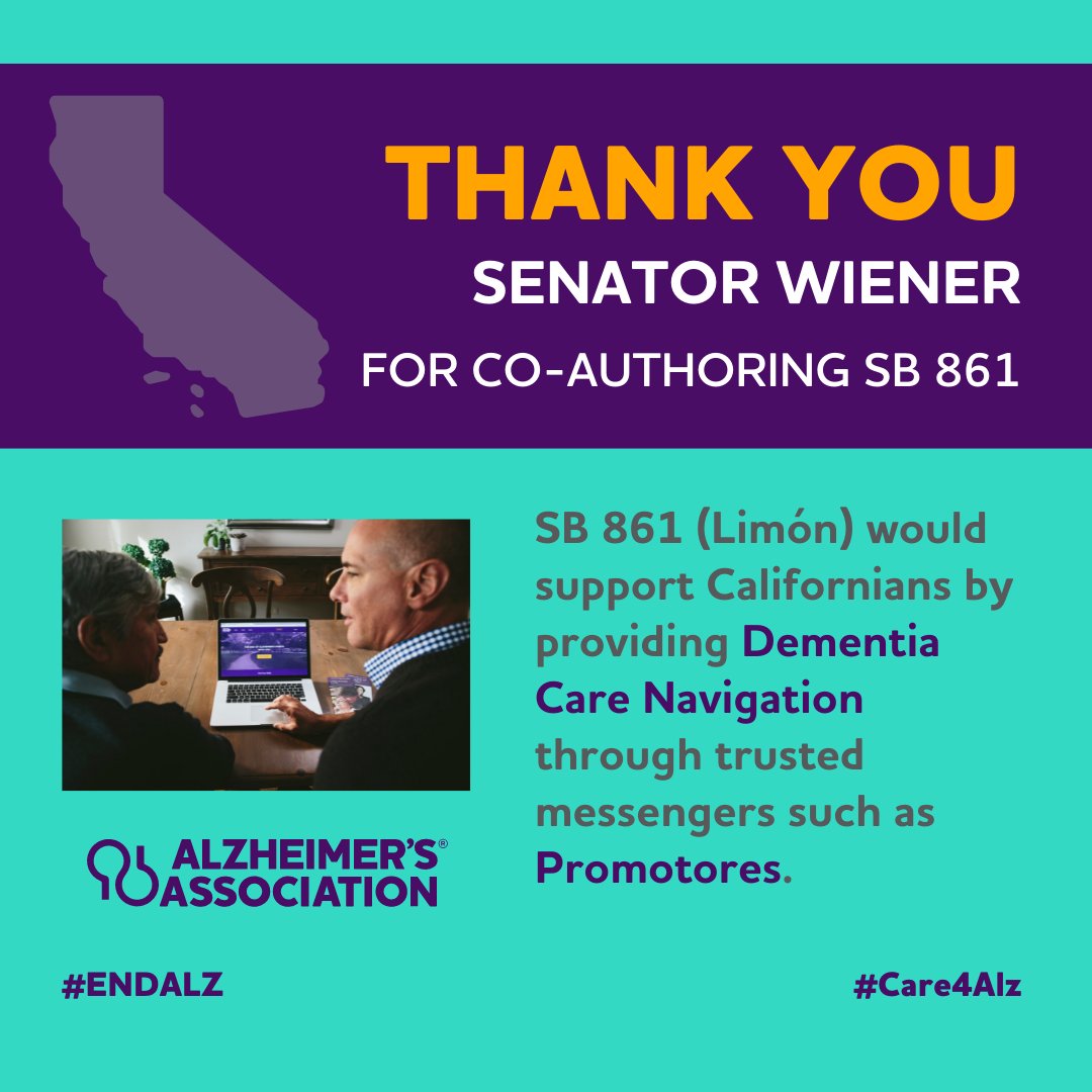 californiaalz's tweet photo. Thank you @Scott_Wiener for co-authoring #SB861 (@MoniqueLimonCA). This bill increases access to dementia care navigation for communities disproportionately impacted by Alzheimer’s through CHWs & Promotores. #Care4Alz https://t.co/zADDFP6F8m