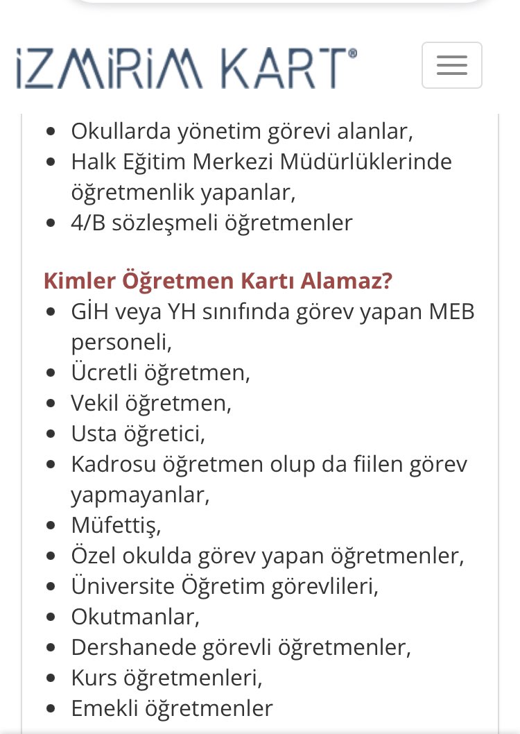 İzmirim Kartın web sitesinde yer alan bilgiye göre özel okullarda çalışan öğretmenler öğretmen kartı alamazmış. 
Peki neden? @kartizmirim