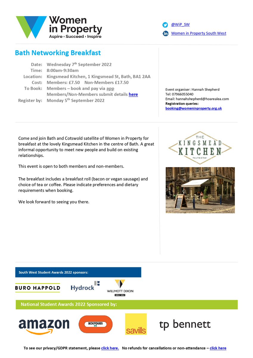 WiP_SW's tweet image. Jump back into networking after the summer break with our Bath and Cotswold satellite branch! Their September networking breakfast is now live and will be at Kingsmead Kitchen, Bath on the 7th of September book here: bit.ly/3PJVB1h  
#NetworkingBath #AutumnEvents