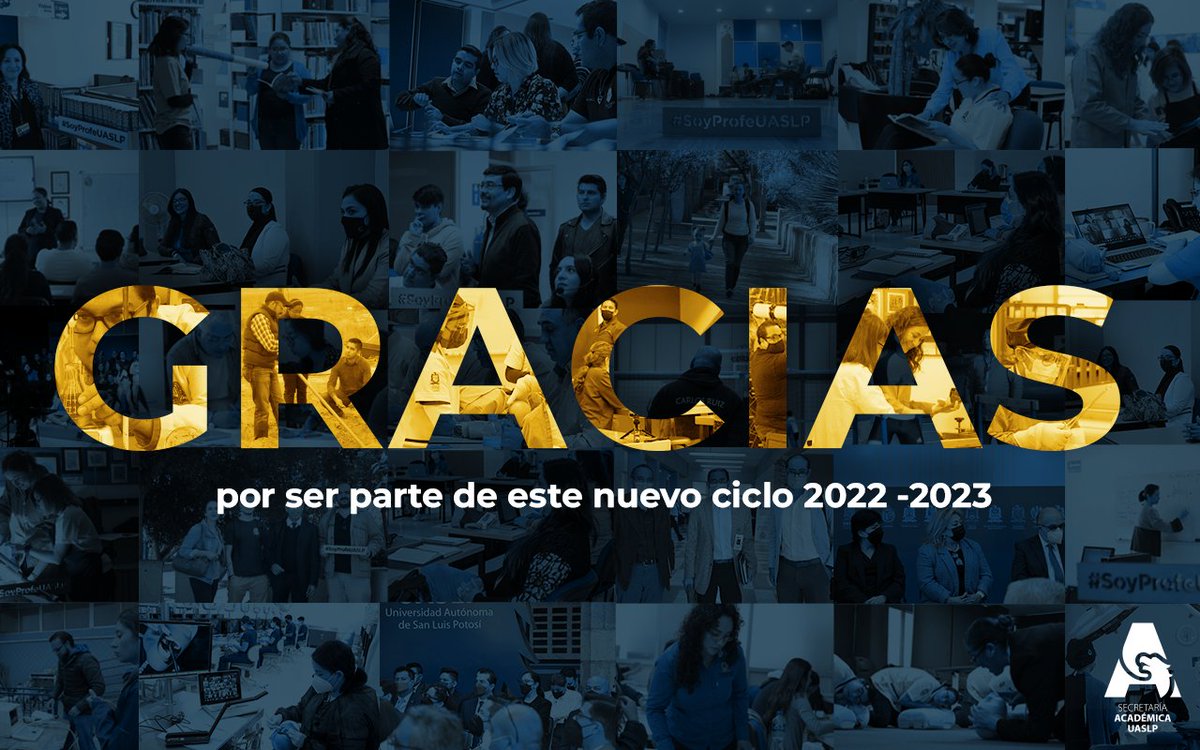 Bienvenidas y bienvenidos al ciclo escolar 2022-2023.
#UASLP #AcademicaUASLP #SoyUASLP #JuntosSomosUnGRanEquipo #TrabajamosParaTiDocente #ModeloEducativoUASLP #CalidadUASLP #ConsolidemosTrayectoriasProdep #EvaluacionDocente #DocenteEnLasTIC #CurriculumUASLP
