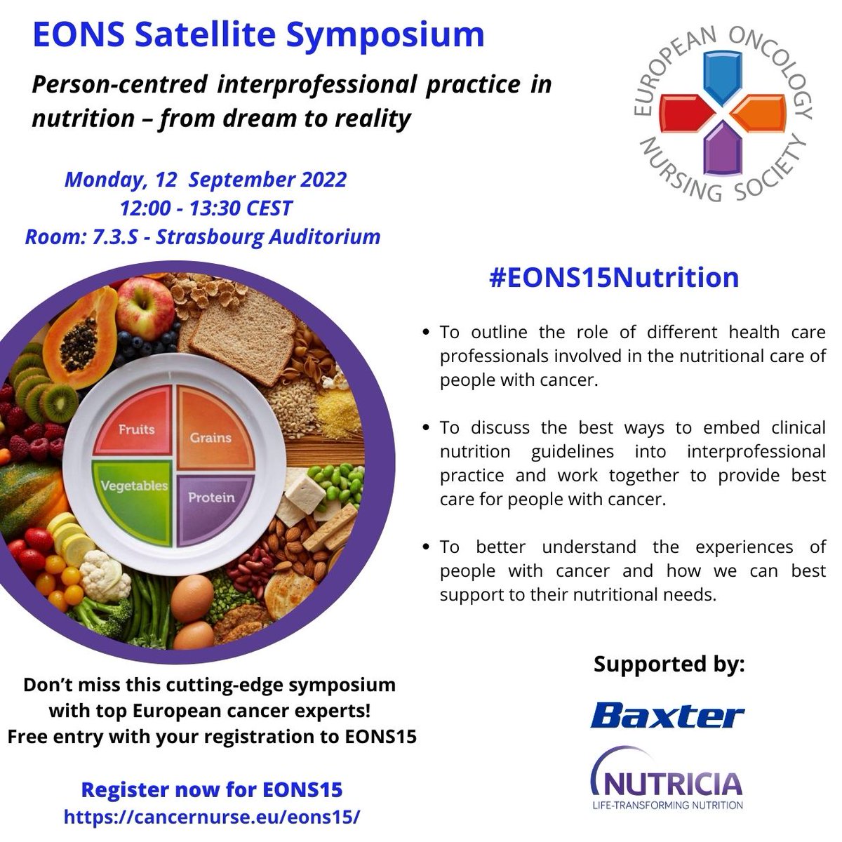 REGISTER for EONS15 at bitly.ws/pXWr and find out more about the #EONS15Nutrition symposium.

Join the conversation with <a href="/cancernurseEU/">@cancernurseEU</a> <a href="/myESMO/">ESMO - Eur. Oncology</a> @VSulosaari <a href="/SaraTParreira/">SaraTorcatoParreira</a>
<a href="/efad_org/">EFAD</a> <a href="/Laviano_Ale/">Alessandro Laviano</a> <a href="/SimeonRGreene/">Robert Greene</a>.

Supported by <a href="/baxter_intl/">Baxter International</a> and <a href="/Nutricia/">Nutricia</a>.