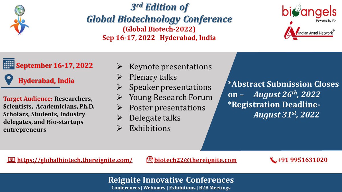 ReigniteConf's tweet photo. #callforspeakers #callforabstracts #callforsubmissions for #GlobalBiotech2022 #biotech #biotechnology #research #conference2022
Inviting #speakers #academicians #academicresearch #scholars #students #scientists #researchers #researchinstitutes #university #biotechnologyindustry https://t.co/oJ4u0kO05P