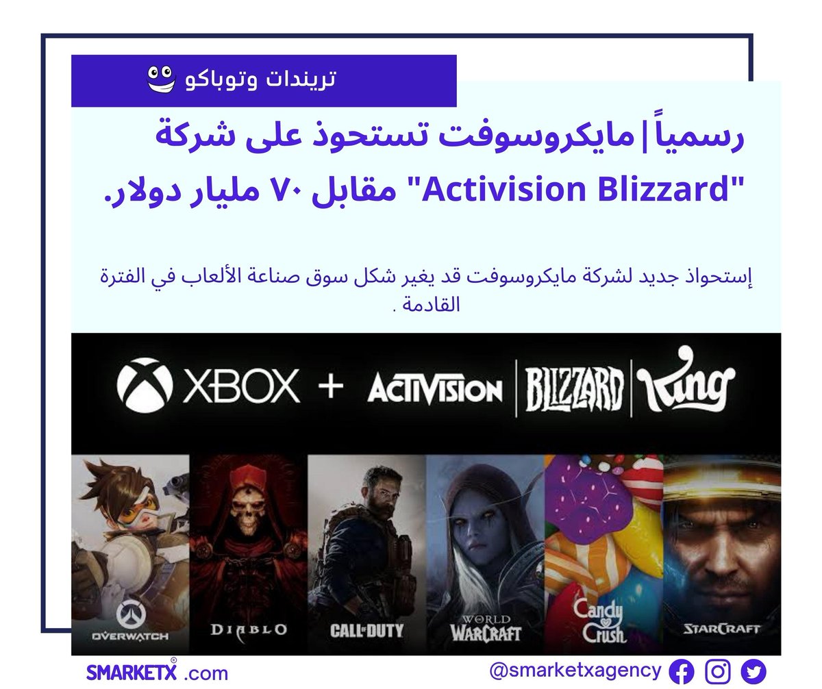 Smarketxagency's tweet photo. #مايكروسوفت تستحوذ بشكل رسمي على شركة #أكتيفجن_بليزارد مقابل ٧٠ مليار دولار، 

#سماركتكس #تريندات_وتوباكو #تقنية #smarketx 
 #xbox #CallofDuty #worldofwarcraft #Microsoft #tech #playstation #sony https://t.co/Agw8O6tZ9q