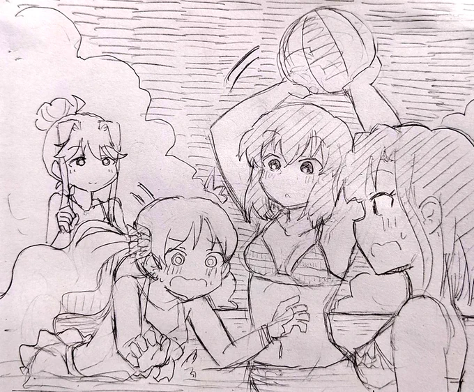 15日ですがネタが浮かばなかったのでシャーペンで夏っぽい15歳な方々を描かせていただきました 