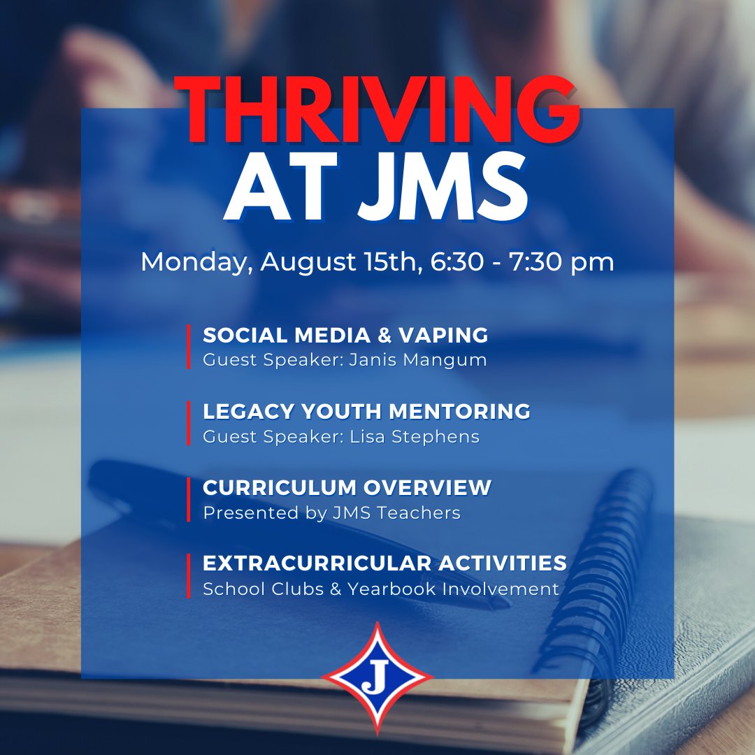 Don't miss "Thriving at JMS" tonight at 6:30 pm. A special evening to discuss JMS curriculum, clubs and much more. We look forward to seeing you there! #jmsdragons