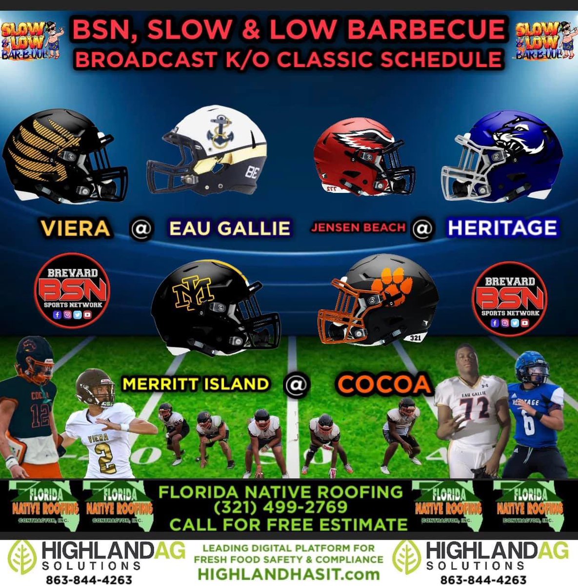 BrevardSportsNetwork (@sportsbrevard) on Twitter photo BSN SCHEDULED GAMES:
<a href="/MerrittIslandFB/">Mustang Football</a> @ <a href="/CocoaFootball/">Cocoa Football</a>
<a href="/VieraHawks/">Viera Hawks Football</a> @ <a href="/eghscommodores/">Commodore Football</a>
<a href="/JensenFootball/">Jensen Beach Football</a> @ <a href="/swarmgangg/">Heritage Panther Football</a>
All Kickoffs Scheduled for 7 PM BSN SCHEDULED GAMES:
<a href="/MerrittIslandFB/">Mustang Football</a> @ <a href="/CocoaFootball/">Cocoa Football</a>
<a href="/VieraHawks/">Viera Hawks Football</a> @ <a href="/eghscommodores/">Commodore Football</a>
<a href="/JensenFootball/">Jensen Beach Football</a> @ <a href="/swarmgangg/">Heritage Panther Football</a>
All Kickoffs Scheduled for 7 PM